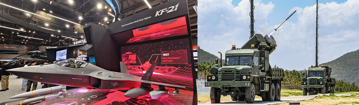 한국항공우주산업개발(KAI)가 개발 중인 한국형 전투기 KF-21 보라매 모형(좌측)과 K-711 군용 트럭에 실린 70mm 지대함 유도 로켓탄 '비궁' 발사 현장. 사