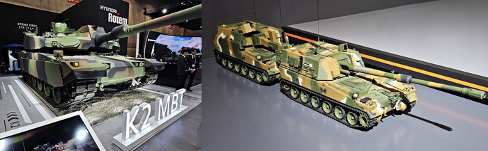 현대로템이 제작한 폴란드향 K-2 전차(좌측)와 한화에어로스페이스 K-9 자주포·K-10 탄약 운반 차량 모형. 사진=박규빈 기자