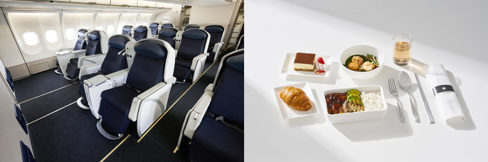 파라타항공 비즈니스 스마트 클래스 좌석과 기내식. 사진=파라타항공 제공