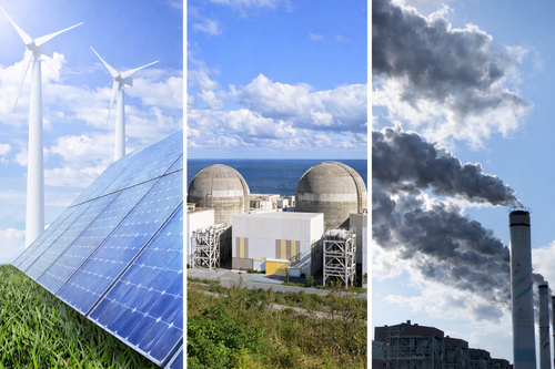 재생에너지, 원자력, 화력발전소의 모습.