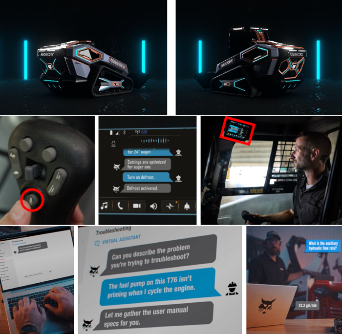 로그 X3가 운전석 없이 무인으로 자율주행할 때의 모습(왼쪽)과 조종석을 장착한 모습(오른쪽, 상단). 조이스틱에 있는 음성 버튼(왼쪽 사진 동그라미