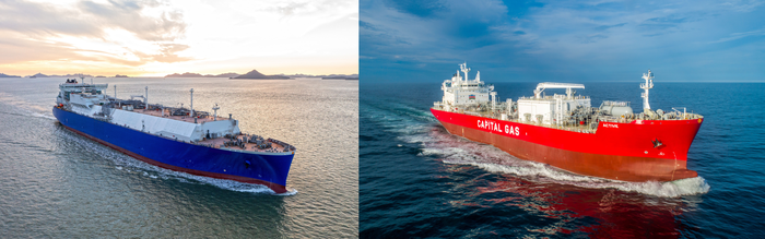 HD현대중공업이 건조해 인도한 초대형 LNG 운반선(좌)과 2만2000㎥급 LCO₂운반선 '액티브(ACTIVE)'호(우측). 사진=HD한국조선해양 제공