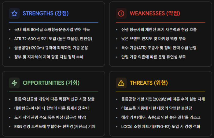 섬에어의 SWOT 매트릭스. 정리=에너지경제신문