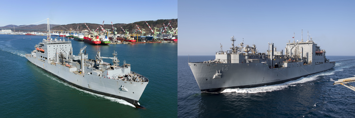 지난 6일 울산 HD현대중공업 중형선사업부 인근 부두에서 미 해군 소속 'USNS 앨런 셰퍼드'함이 정기 정비를 마치고 출항하는 모습(좌)과 미 해군 7함