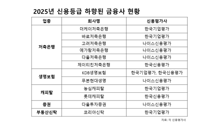 2025년 신용등급 하향된 금융사 현황