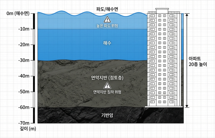 가덕도 신공항 예정지 단면도. 수심 약 20~30m 아래에 두꺼운 연약 지반이 존재해 실제 기반암까지는 아파트 20층 높이인 60m 수준의 기초 보강이 필요한