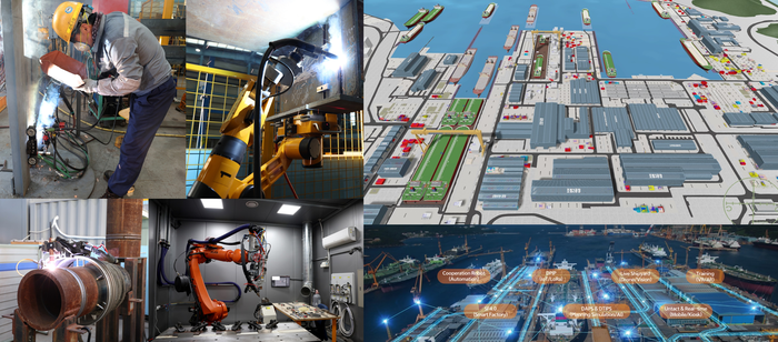 휴대용 용접 로봇을 통한 작업을 시연하는 한화오션 직원과 한화오션이 조선업계 최초로 개발한 자동 용접 로봇·오비탈 GTAW 용접 장치·레이저 용접