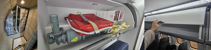 화물칸과 오버헤드빈에 마련된 산소통·구급낭·구명 조끼. 사진=박규빈 기자