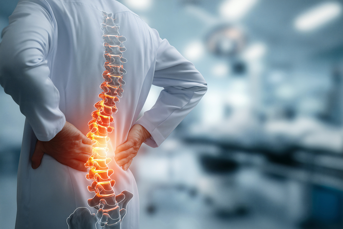 Back pain representation with spine highlighting.