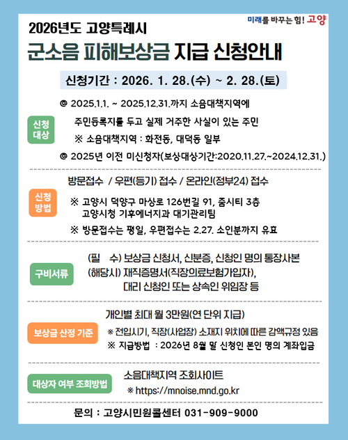2026년도 군소음 피해보상금 지급 신청 안내 배너