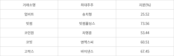 국내 가상자산 거래소별 최대주주와 지분율