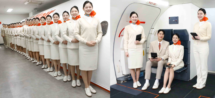 하얀 스니커즈를 신은 제주항공 객실 승무원들. 사진=제주항공 제공