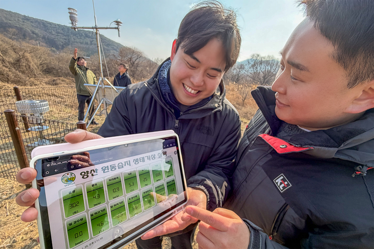 원동습지에 자동기상관측장비를 설치하고 측정 상황과 데이터를 태블릿PC로 원격 모니터링하고 있는 KT와 국립생태원 직원들