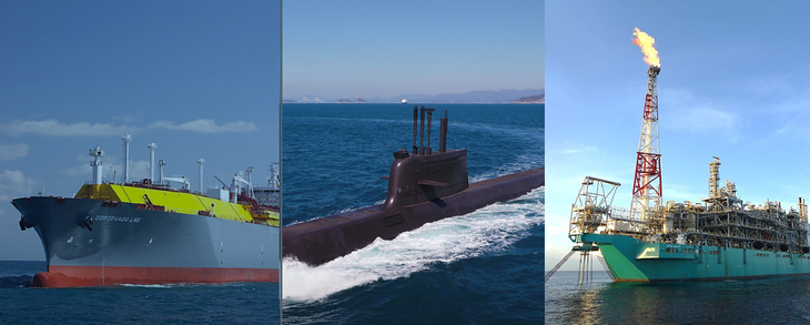 한화오션이 건조한 LNG 운반선·잠수함·부유식 해양 플랜트. 사진=한화오션 제공