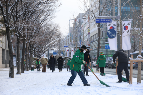 대전 서구 둔산동에서 서구청 관계자들이 제설작업을 하고 있다.