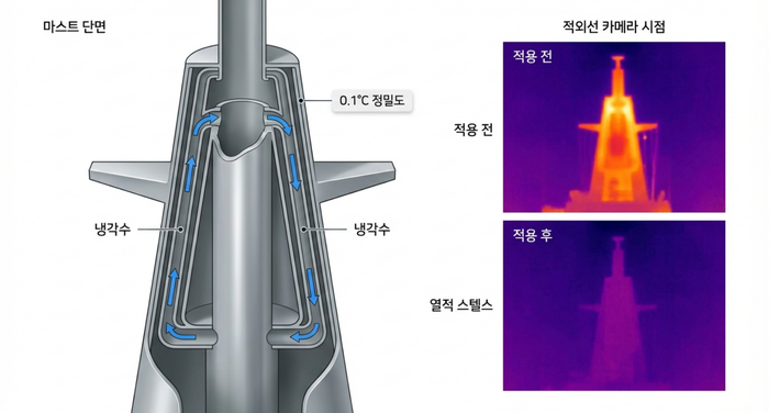 마스트 내부 이중 재킷 구조를 통해 냉각수를 순환시켜 표면 온도를 주변 해수와 0.1도 오차 내로 동기화 하는 스텔스 메커니즘. 인포그래픽=구글 생성