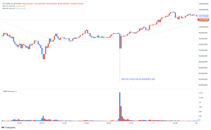 6일 저녁 7시 30분경 빗썸에서만 비트코인 가격이 8110만원까지 급락했다. [사진=빗썸 거래 화면]