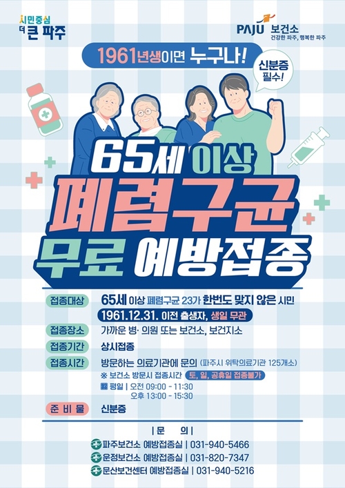 파주시 65세 이상 폐렴구균 무료 예방접종 지원 실시