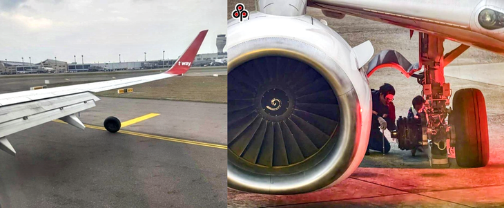 대만 타오위안 공항 활주로에 착륙 중 티웨이항공 여객기에서 빠진 바퀴가 굴러가는 모습(좌측)과 현장 관계자들이 살펴보는 모습(우측). 사진=중시신
