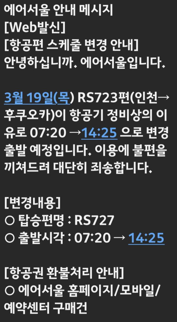 에어서울이 자사 탑승객들에게 발송한 문자 메시지 내용. 사진=독자 제공
