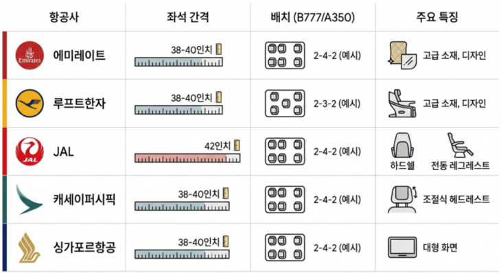 주요 항공사들의 프리미엄 이코노미 하드웨어 비교. 정리=에너지경제신문