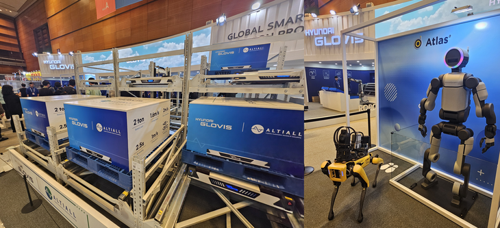 고밀도 자동 창고 솔루션인 '팔레트 셔틀'과 보스턴 다이내믹스의 휴머노이드 로봇 '아틀라스(Atlas)'. 사진=박규빈 기자