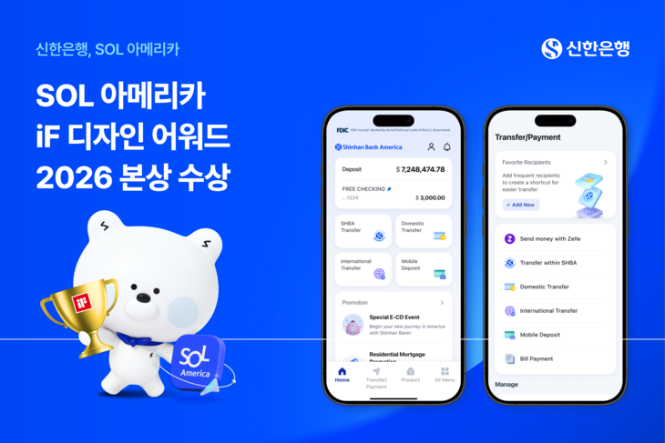 신한은행은 미국 디지털 금융 플랫폼 'Shinhan SOL America'가 'iF 디자인 어워드 2026'에서 본상(Winner)을 수상했다고 5일 밝혔다.