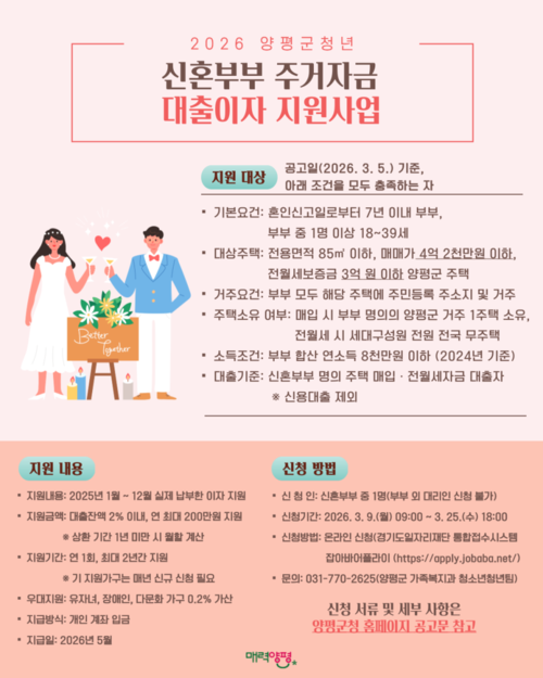 양평군 청년 신혼부부 주거자금 대출이자 지원 안내 배너