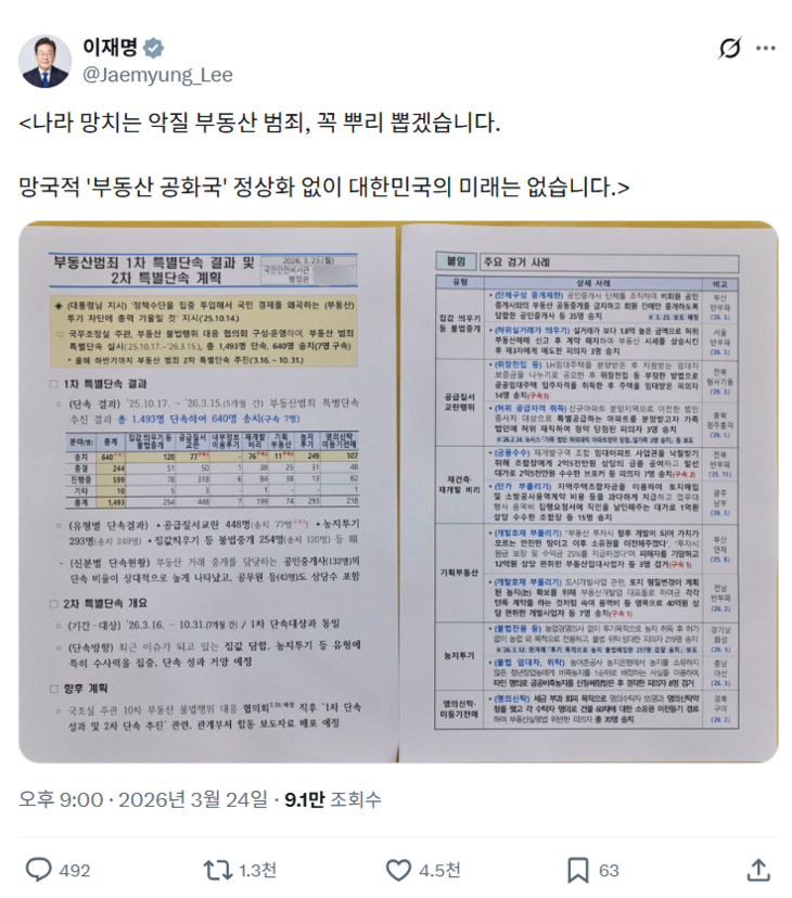 이재명 대통령 엑스 갈무리