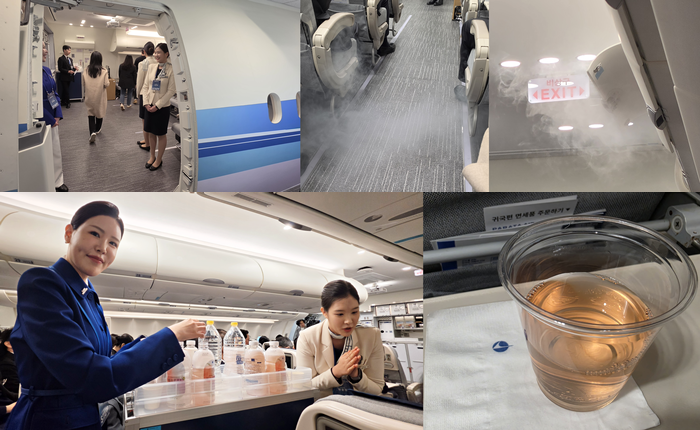 기내 실습 현장에서 연기 발생 상황을 연출한 장면(상단 가운데·오른쪽)과 파라타항공 객실 승무원과 유한대학교 항공서비스과 학생이 음료 서비스를