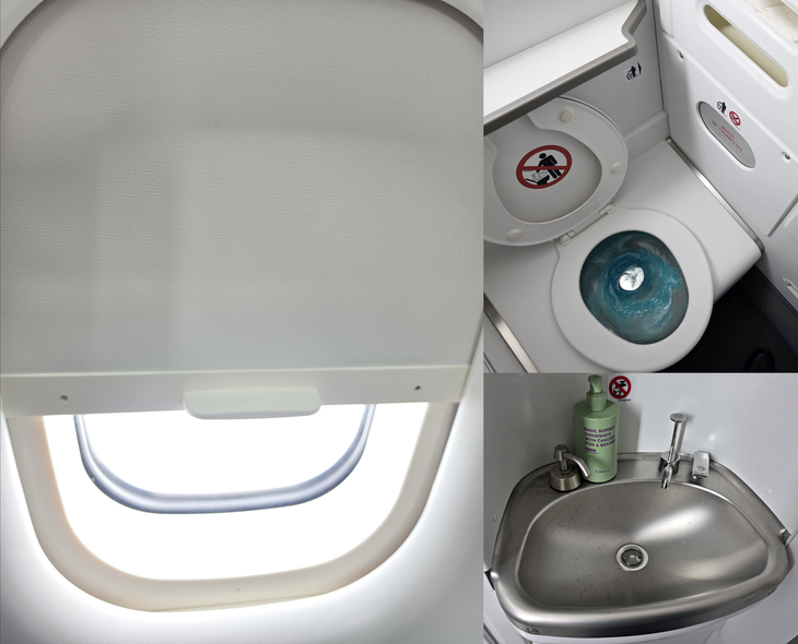 ATR 72-600의 창문 덮개(좌)와 화장실 내부(우). 사진=박규빈 기자