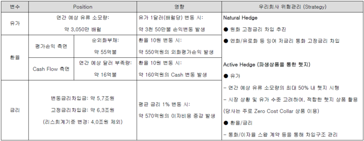 2025년 대한항공 사업 보고서 50페이지에 명시된 '위험 노출 정도 및 관리 전략'. 자료=금융감독원 전자공시시스템(DART) 캡처