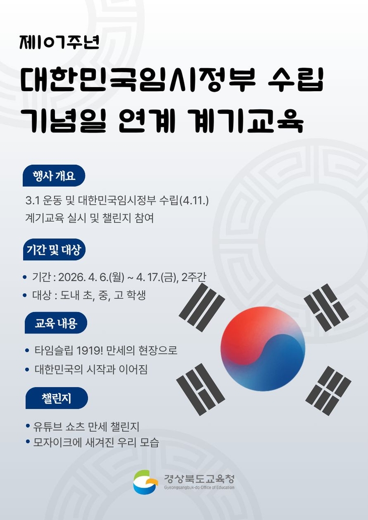 경북교육청, 대한민국임시정부 수립 기념 체험형 계기 교육 운영