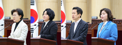 왼쪽부터 안산시의회 시정질문에 임한 박은경 의원과 5분 자유발언에 나선 김진숙-송바우나-박은정 의원