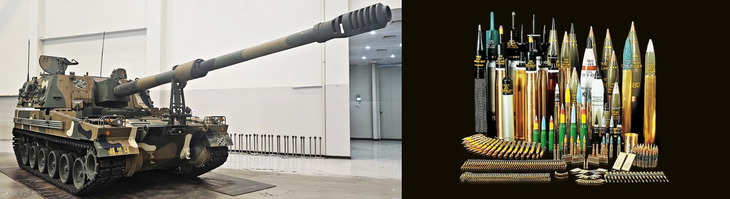 한화에어로스페이스가 제작한 K-9 자주곡사포와 풍산의 탄약. 사진=박규빈 기자·풍산그룹