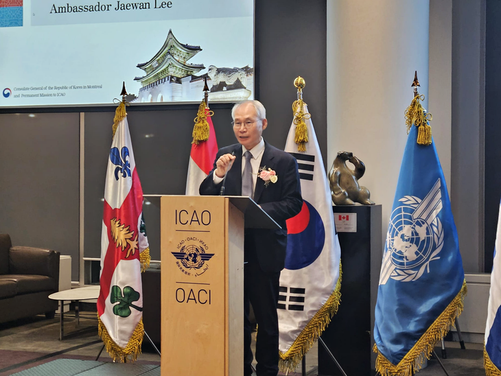 이재완 한국항공대학교 항공우주정책대학원장이 주 ICAO 대사 시절 회의장에서 발언하는 모습. 사진=이재완 원장 제공