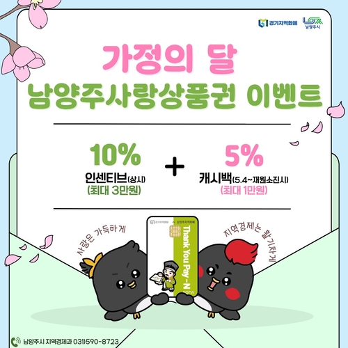 남양주시 5월 가정의 달 '지역화폐 15% 혜택' 안내 배너