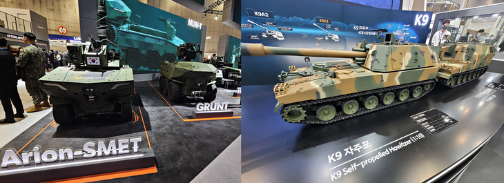 한화에어로스페이스가 개발한 다목적 무인 차량들과 K-9A1 자주곡사포·K-10 탄약 운반 차량 모형. 사진=박규빈 기자
