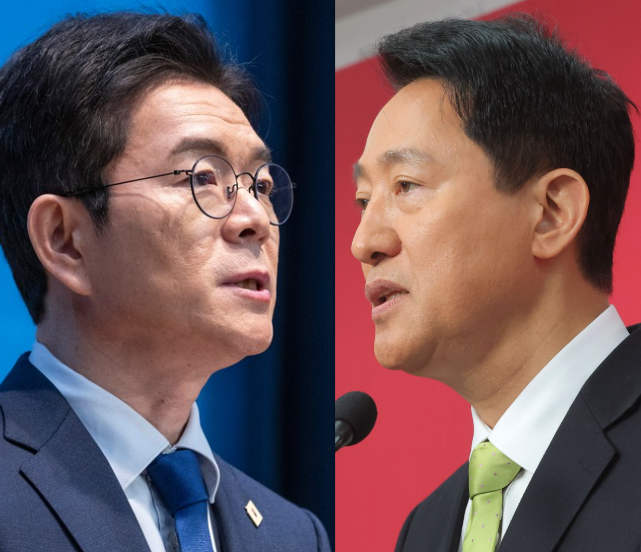더불어민주당 정원오 서울시장 후보 (왼쪽)와 국민의힘 오세훈 서울시장 후보(오른쪽)