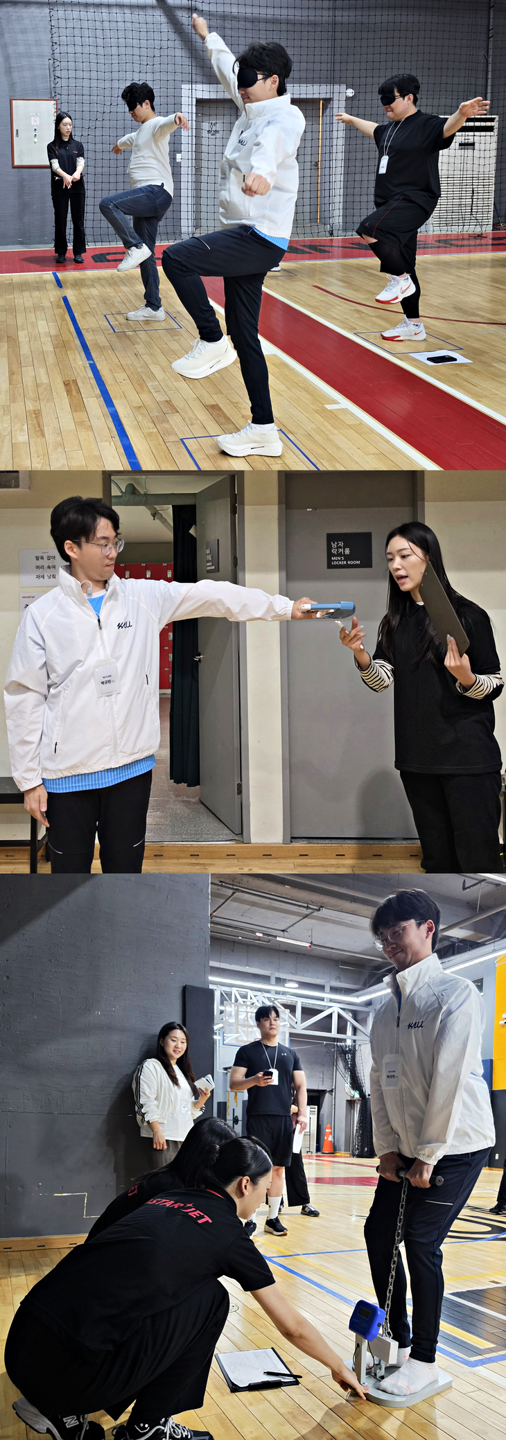 본지 박규빈 기자가 평형성·악력·배근력 테스트에 임하는 모습. 사진=박규빈 기자