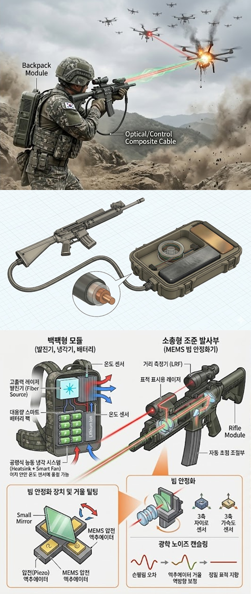 한화시스템의 보병용 휴대형 '레이저 소총' 무기체계가 등장한 전장 환경 상상도와 개념도. 그림=구글 생성형 AI 제미나이 재구성