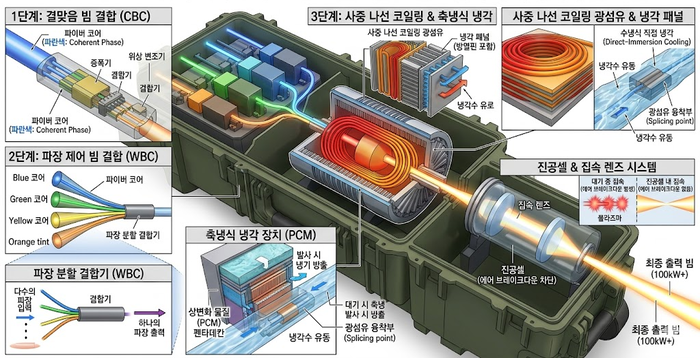 혼성 빔 결합 및 수냉식 냉각 통합 개념도. 그림=구글 생성형 AI 제미나이 재구성