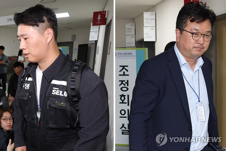 삼성전자 대표교섭위원인 김형로 부사장(오른쪽)과 최승호 초기업노조 삼성전자지부 위원장(왼쪽)이 13일 새벽 세종시 정부세종청사 중앙노동위원회