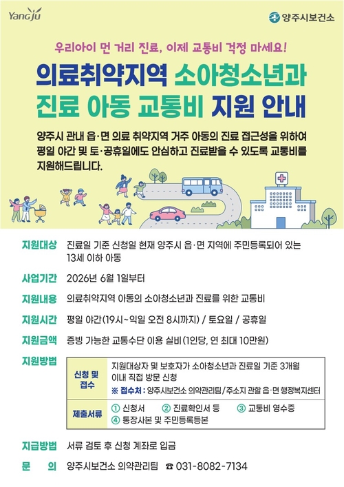 양주시 의료취약지역 소아청소년과 진료 아동 교통비 지원사업 시행 배너