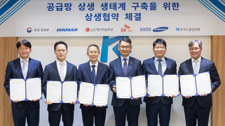 (사진 왼쪽부터) 오재균 삼성SDI CFO, 박상현 두산에너빌리티 대표, 황기연 한국수출입은행장, 허장 재정경제부 제2차관, 김동명 LG에너지솔루션 대표, 김
