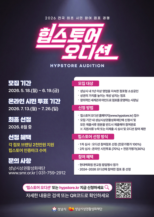 ▲ 성남시가 지역 상권의 경쟁력을 높이기 위해 시민 참여형 점포 서바이벌 프로그램인 '힙스토어 오디션'을 개최한다. 제공=성남시