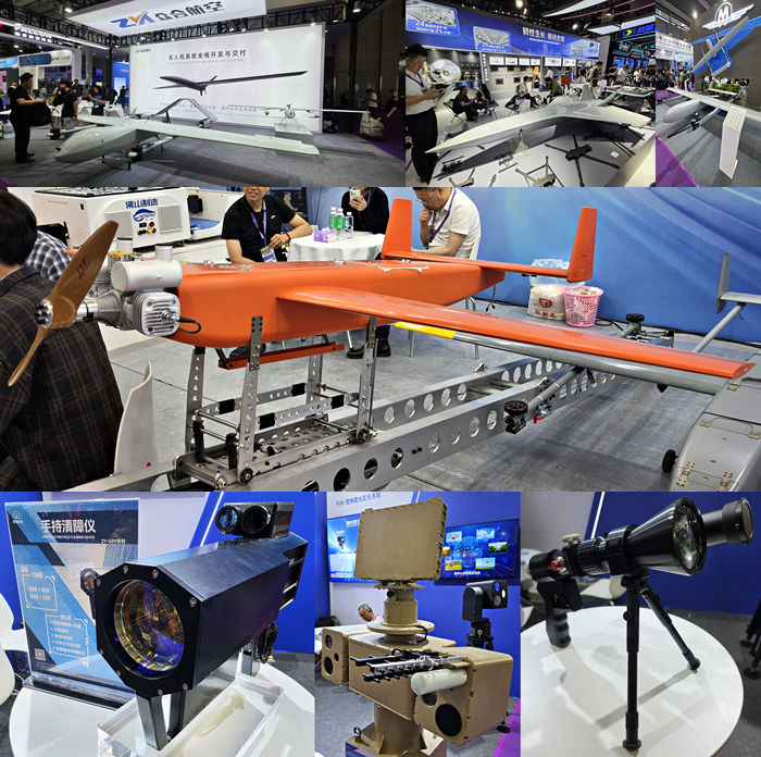 '2026 세계 무인기 대회-국제 저고도 경제·무인 시스템 박람회(UASE, Unmanned Aircraft Systems Expo)'에 전시된 무인기·표적기·레이저 무기들. 사진=박규빈