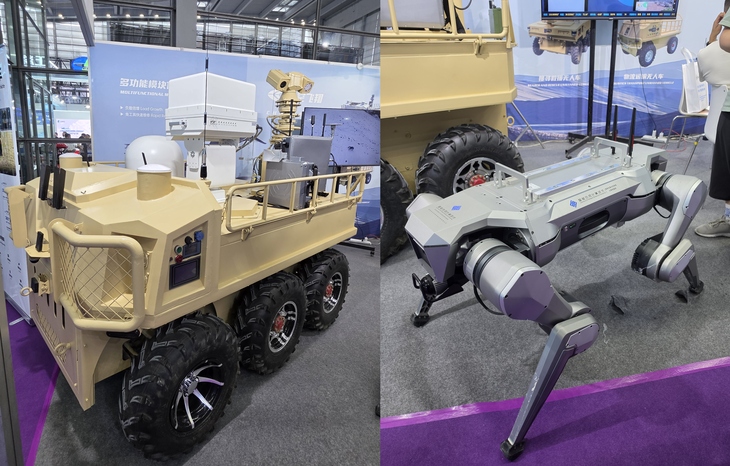 대 드론 장비가 탑재된 무인 차량(UGV)과  4족 보행 로봇 개. 사진=박규빈 기자
