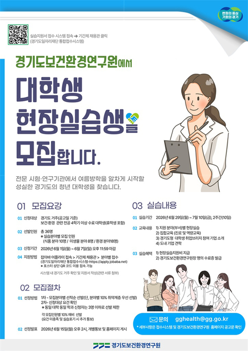 ▲ 경기도보건환경연구원의 여름방학 대학생 현장실습생 모집한다. 제공=경기도보건환경연구원