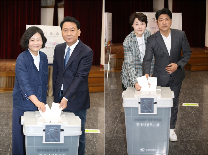 29일 경기 하남갑 국회의원 보궐선거에 출마한 더불어민주당 이광재 후보 부부(왼쪽)와 국민의힘 이용 후보 부부. 사진 = 연합뉴스